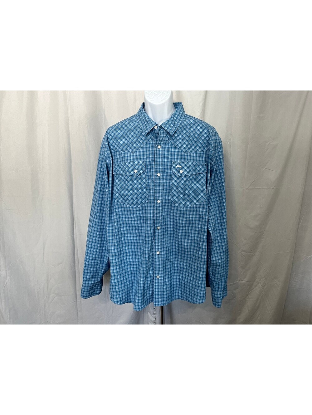 Simms Men's Blue White Plaid Snap Button Moisture Wicking Fishing Shirt XXL 2XL